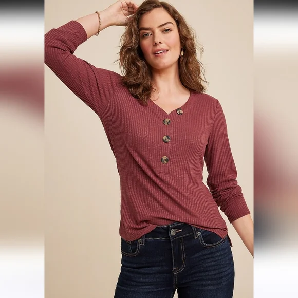 Maurices Heartland Brick Red Ribbed Henley Button Detail Long Sleeve Tee Large - Picture 5 of 8